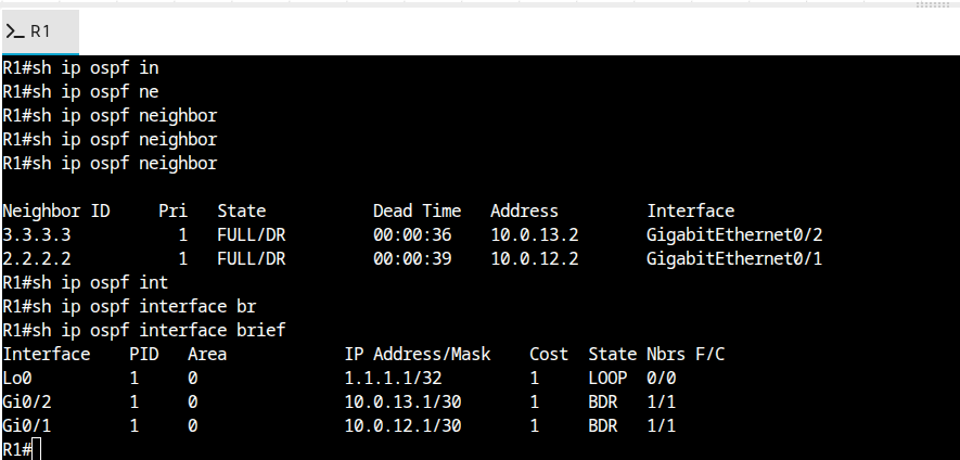 OSPF neighbors + routes on R1 after convergence