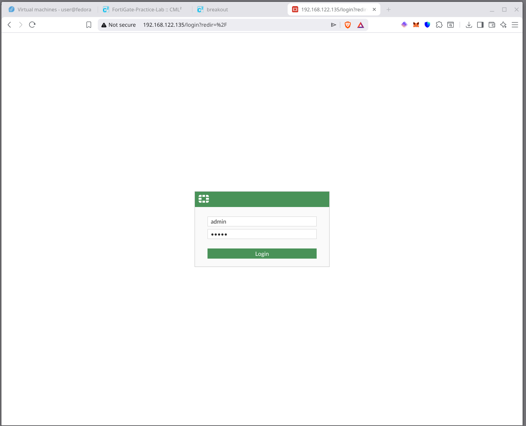 FortiGate web GUI — admin login screen
