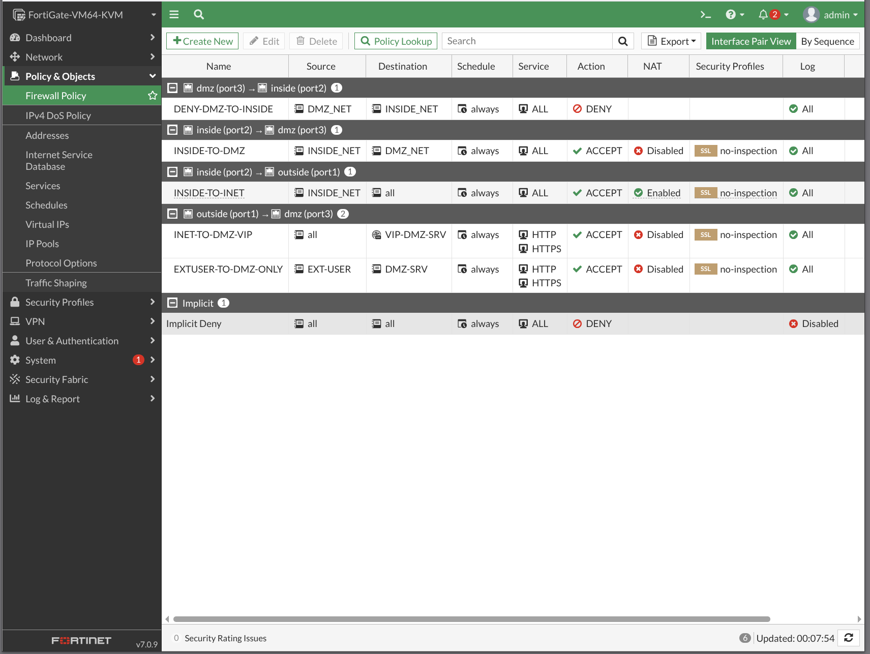 GUI verification — firewall policy table