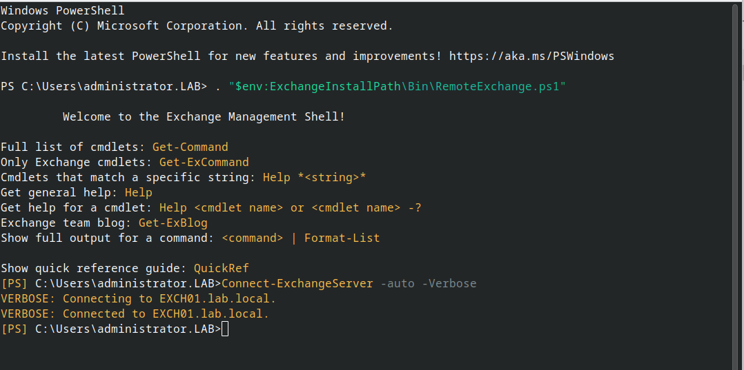 Running the two bootstrap commands loads the Exchange snap-in and Get-ExchangeServer returns a healthy response