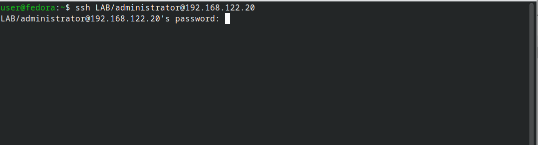 SSH session into the Exchange server from the Fedora host