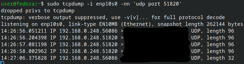 tcpdump on the WAN interface showing only UDP/51820, no plaintext SSH