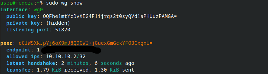 ip / wg output on Fedora showing wg0 up with peer endpoint and transfer counters
